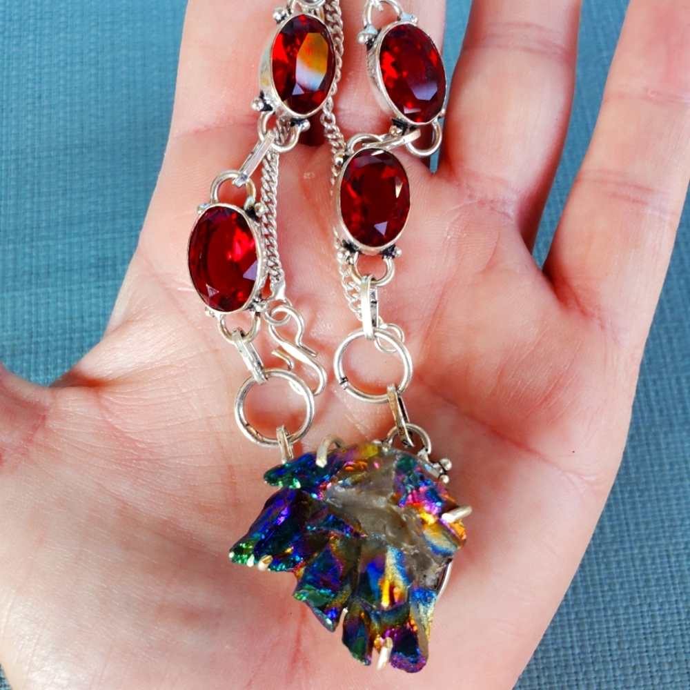 New Titanium Crystal & Garnet 925 Silver Necklace.